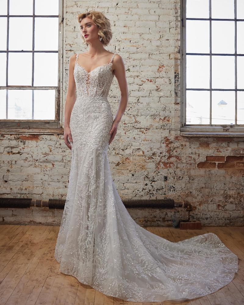 123242 sparkly mermaid wedding dress with lace and tank straps2